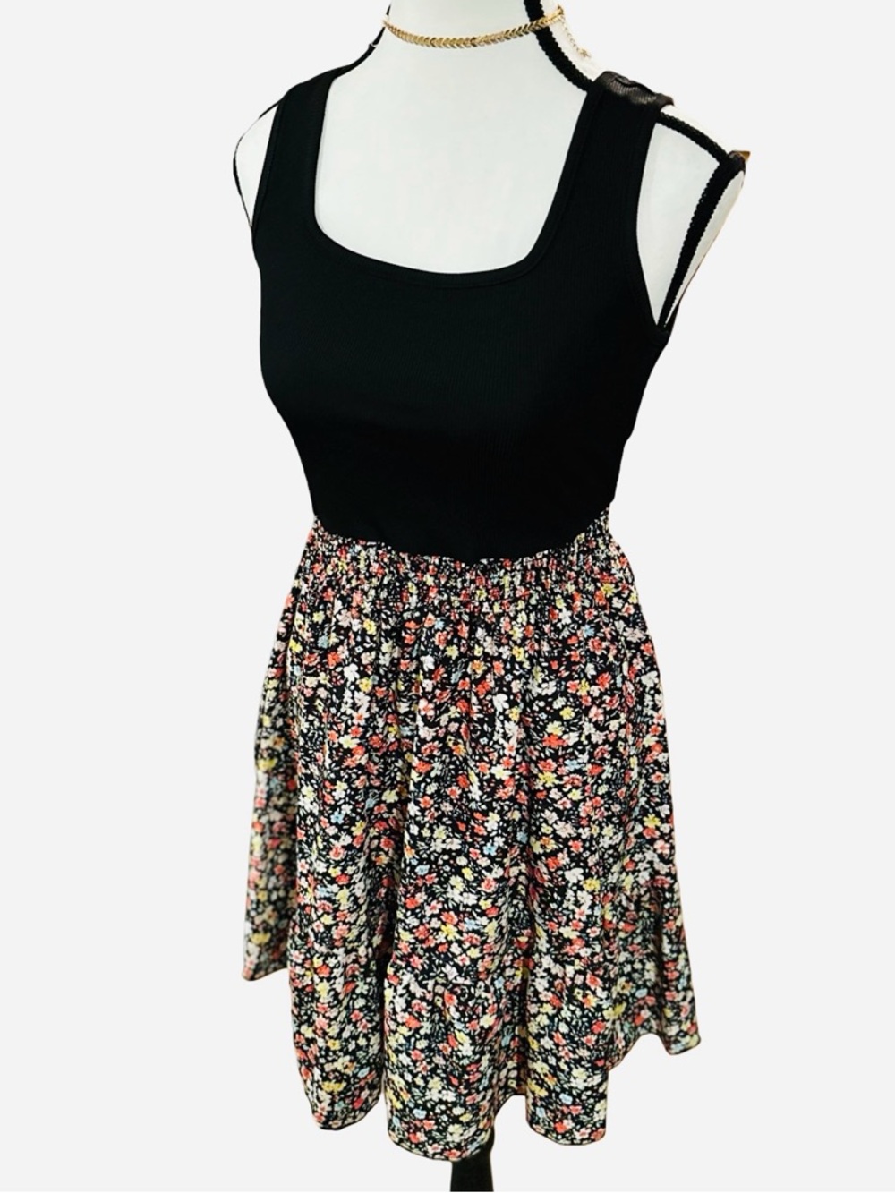 Women’s Black Floral Dress with Flared Skirt - Small, New - Picture 2 of 5